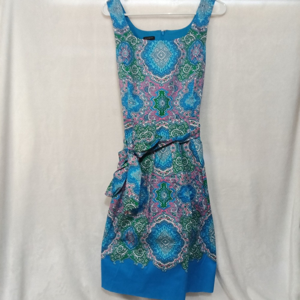 Talbots Womens Blue Paisley Medallion Stretch Cotton Sheath Belted Dress Size 8